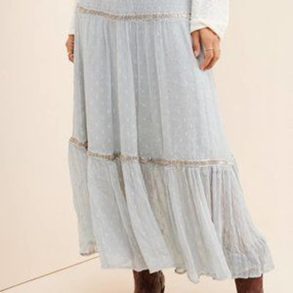 Free People Dresses & Skirts - Free People Blue Boho Silver Horizontal Beaded Angelic Fairy Glam Midi Skirt NWT